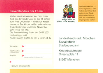 Landeshauptstadt München, Wettbewerb für Kinderfreundlichkeit, Rücksendekarte Rückseite